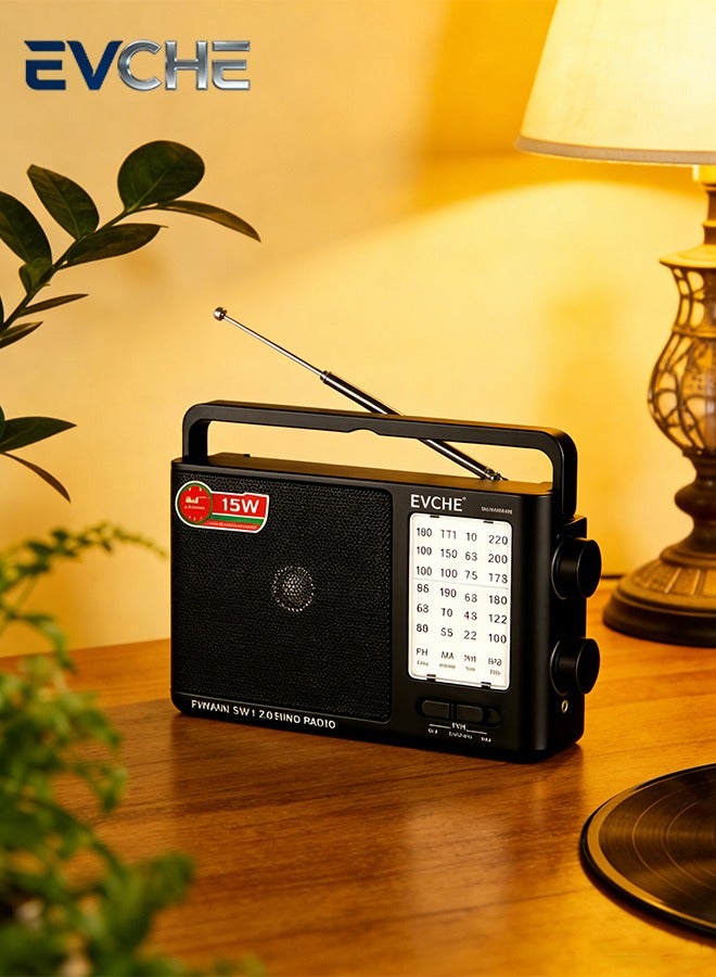 EVCHE Portable Radio FM/AM/SW Receiver with USB & Battery Power, Earphone Jack, Black - Image 1